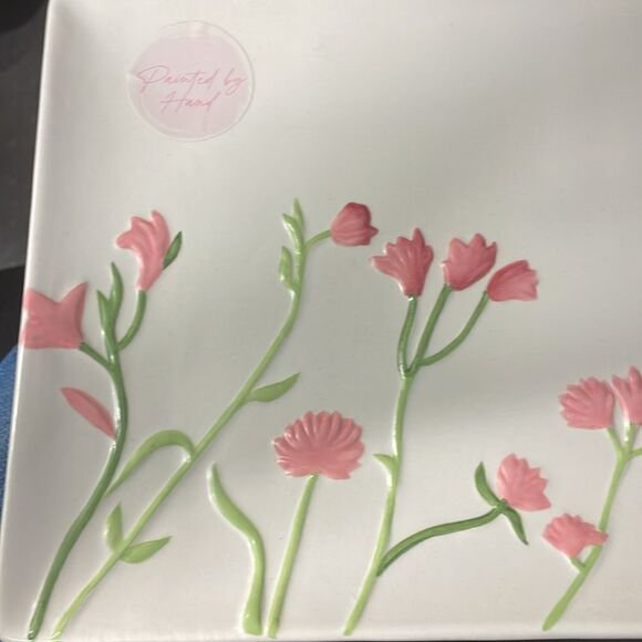 New ceramic hand painted pink flower rectangular platter decorative serving tray - Picture 2 of 5